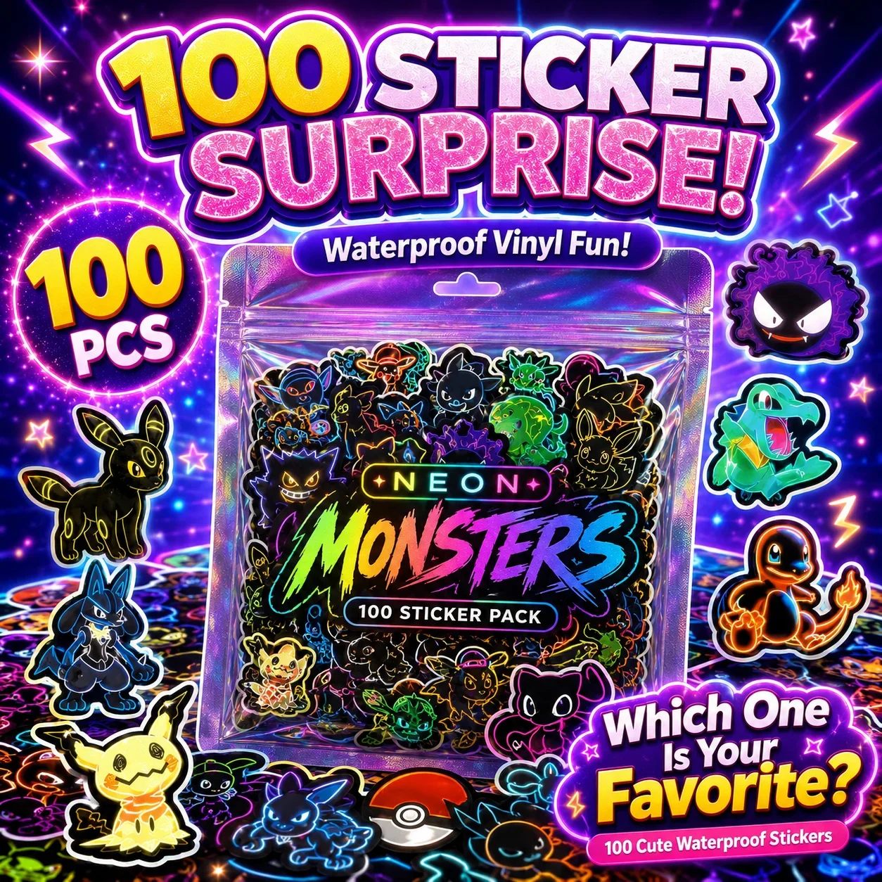 100pcs Neon  Pokémon  Stickers - Laptops 评论和价格